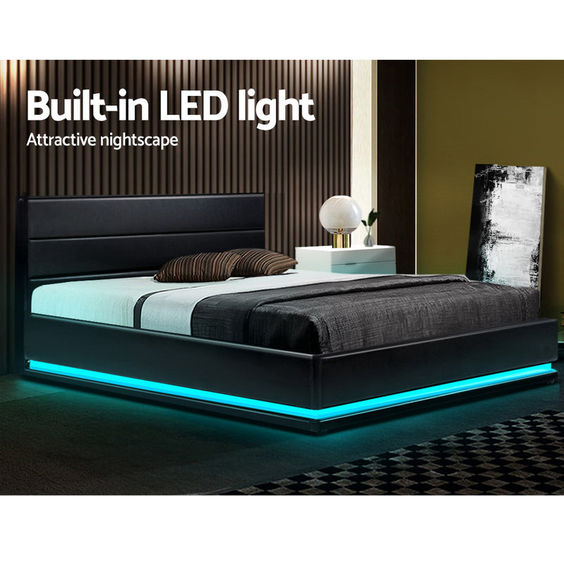 Ulen Double PVC LED Gas Lift Bed - Black
