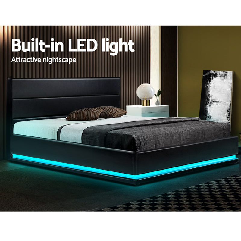 Ulen Queen PVC LED Gas Lift Bed - Black