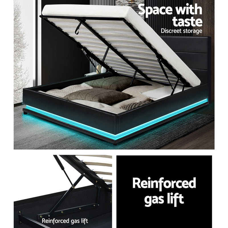 Ulen Queen PVC LED Gas Lift Bed - Black