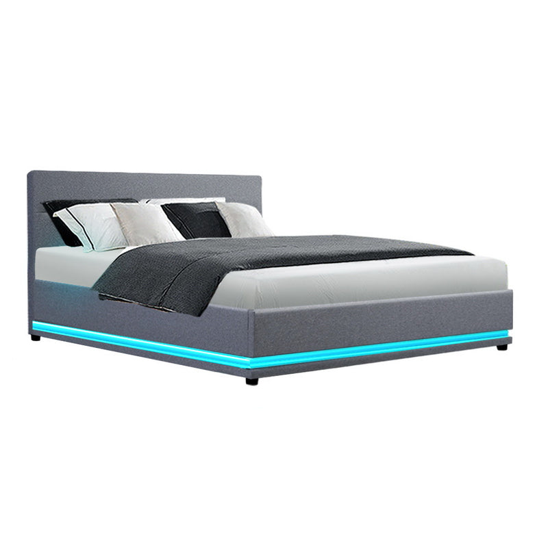 Ulen Queen Fabric LED Gas Lift Bed - Grey