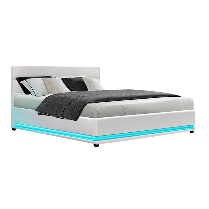 Ulen Queen PVC LED Gas Lift Bed - White