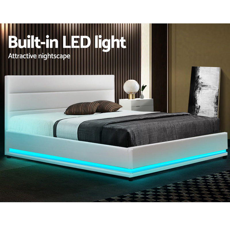 Ulen Queen PVC LED Gas Lift Bed - White