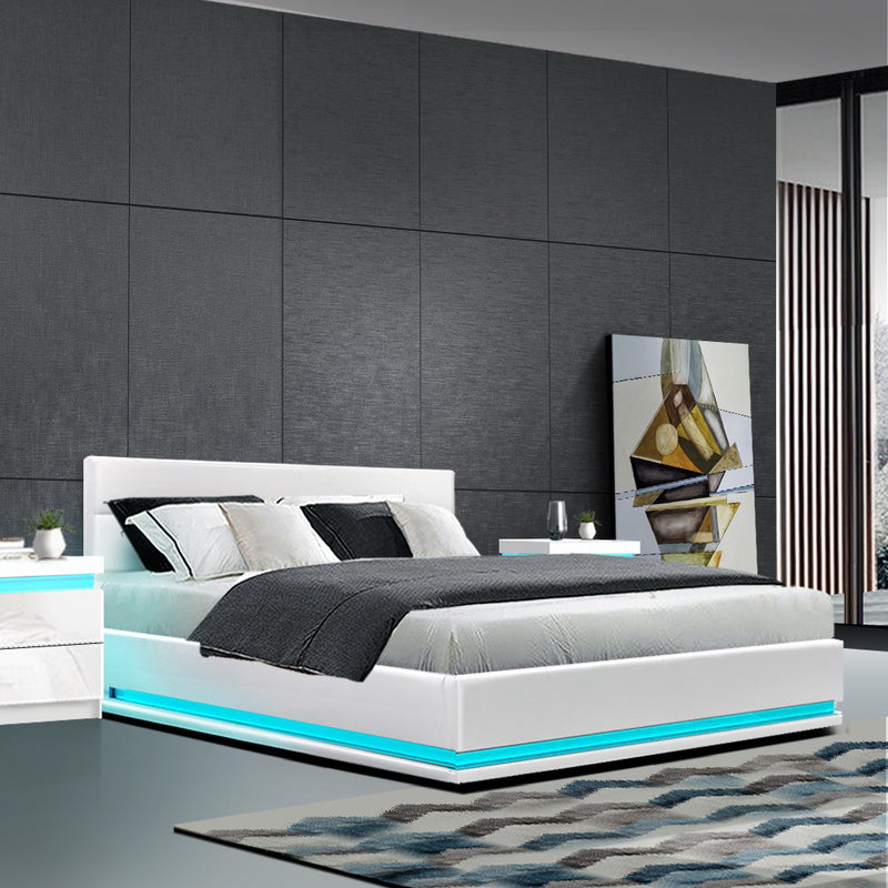 Ulen Queen PVC LED Gas Lift Bed - White