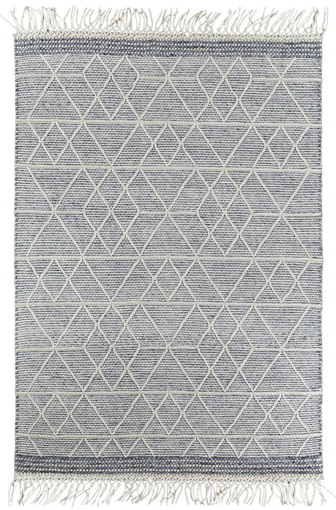 Albona Fringe Blue White Wool Rug.