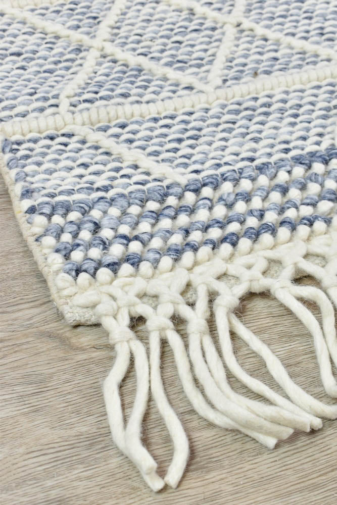 Albona Fringe Blue White Wool Rug.
