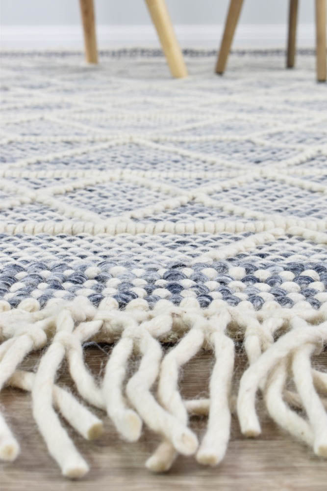 Albona Fringe Blue White Wool Rug.