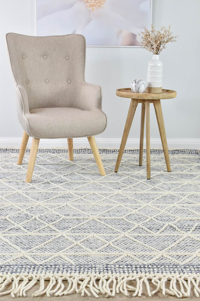 Albona Fringe Blue White Wool Rug.