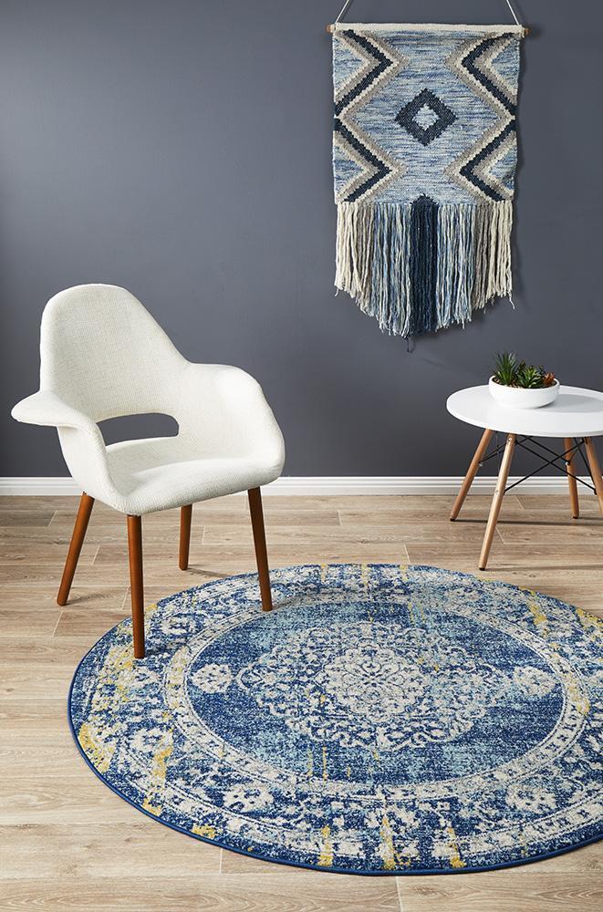 Library Wilson Navy Round Rug.