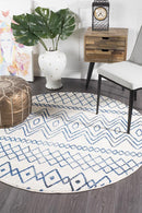 Bayview Nadia White Blue Rustic Tribal Round Rug.