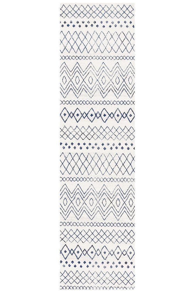 Bayview Nadia White Blue Rustic Tribal Runner Rug.