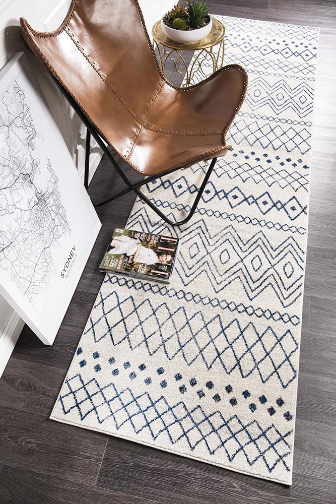 Bayview Nadia White Blue Rustic Tribal Runner Rug.