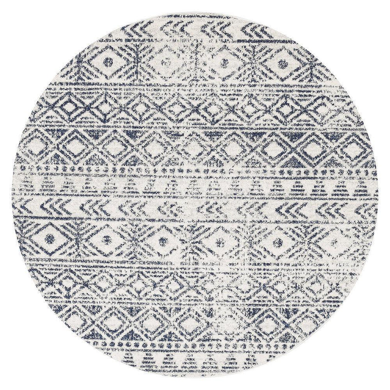 Bayview Ismail White Blue Rustic Round Rug.