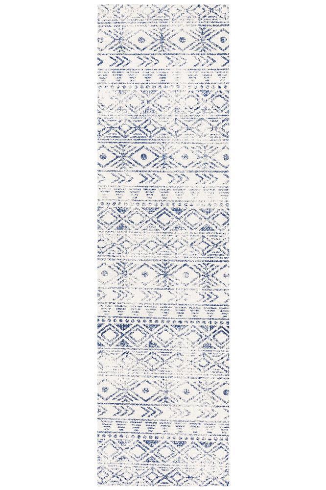 Bayview Ismail White Blue Rustic Runner Rug.