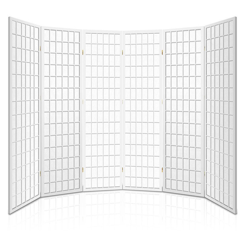 6 Panel Room Divider Privacy Screen Foldable Pine Wood Stand White