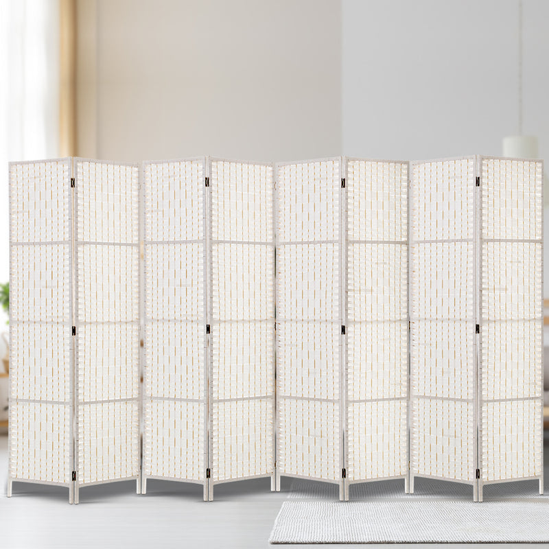 8 Panels Room Divider Screen Privacy Rattan Timber Fold Woven Stand White