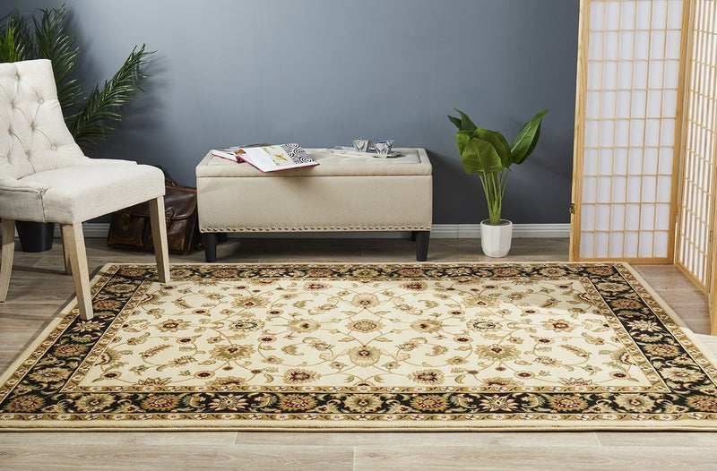 Tuggerah Collection Classic Rug Ivory with Black Border.