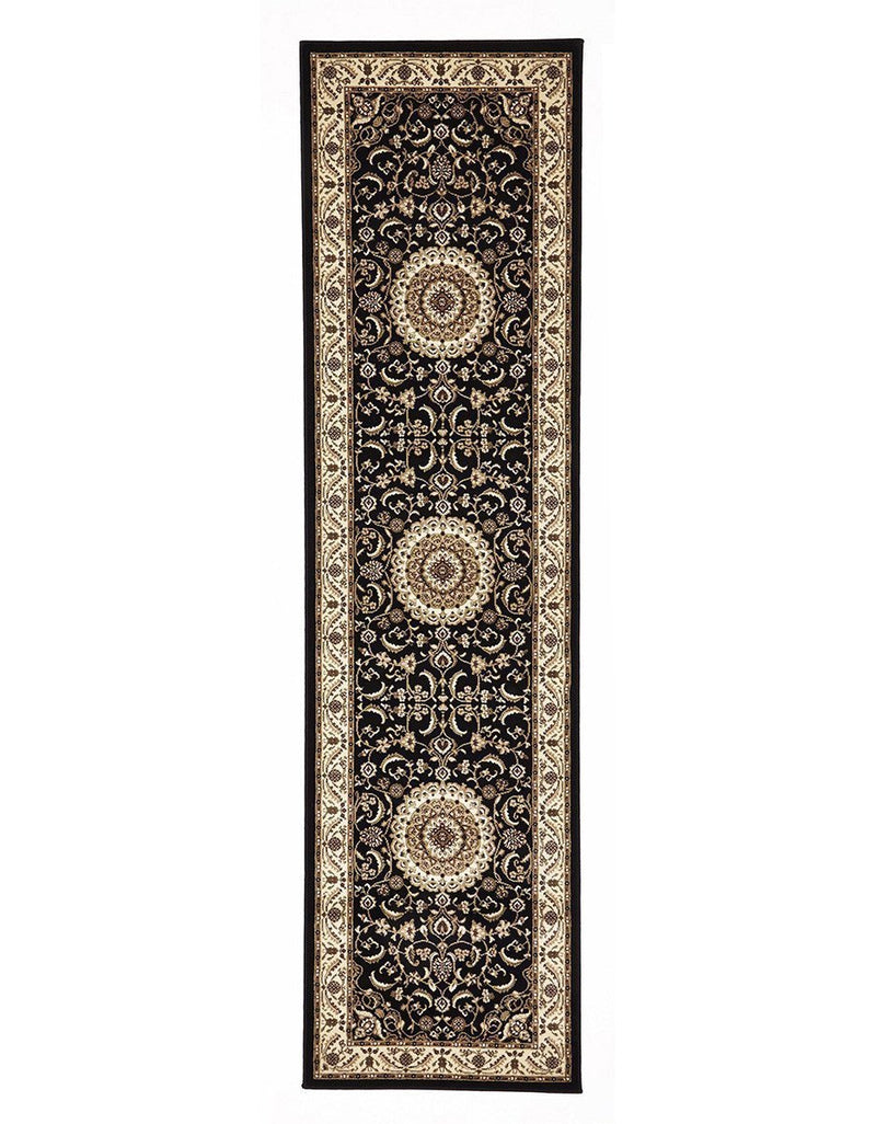 Tuggerah Medallion Runner Black with Ivory Border Runner Rug.