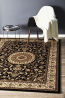 Tuggerah Collection Medallion Rug Black with Ivory Border.