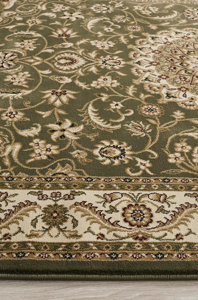 Tuggerah Collection Medallion Rug Green with Ivory Border.