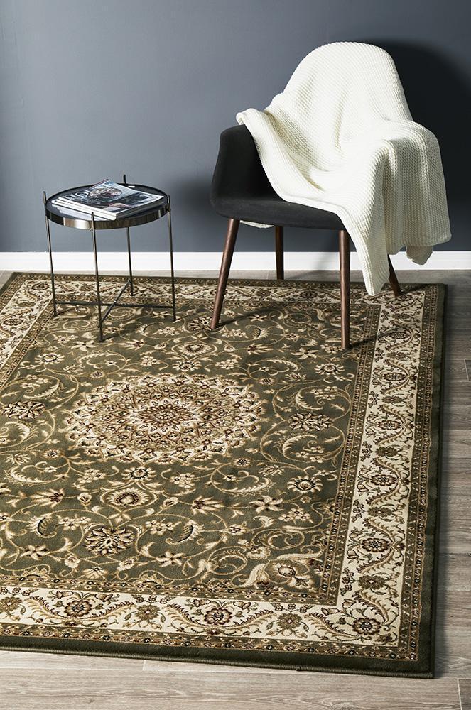 Tuggerah Collection Medallion Rug Green with Ivory Border.