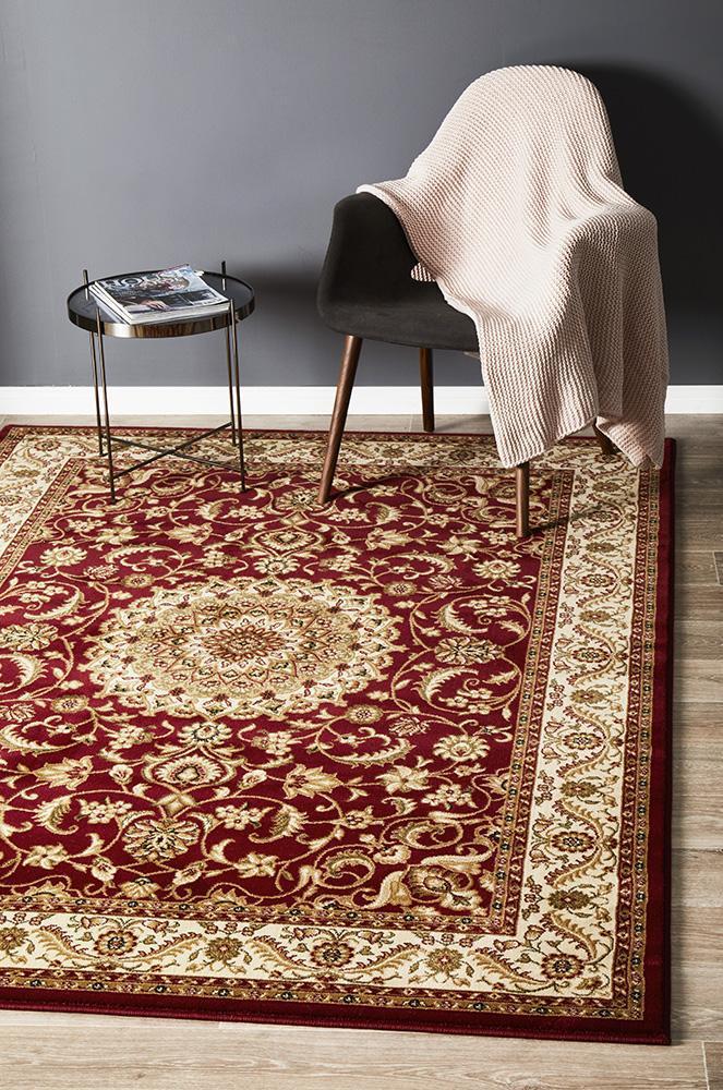Tuggerah Collection Medallion Rug Red with Ivory Border.