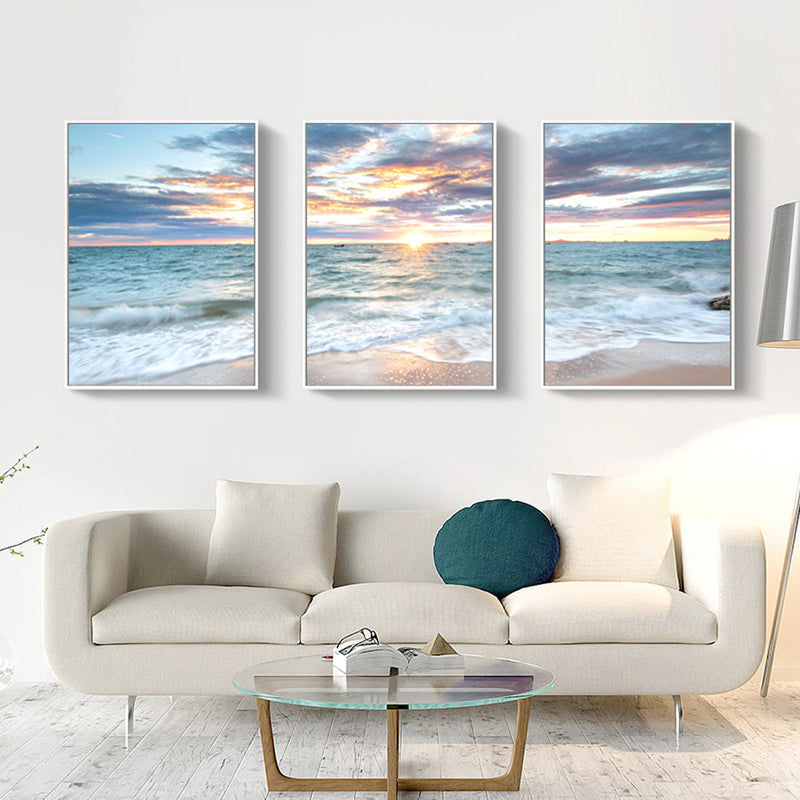 40cmx60cm Sunrise by the ocean 3 Sets White Frame Canvas Wall Art