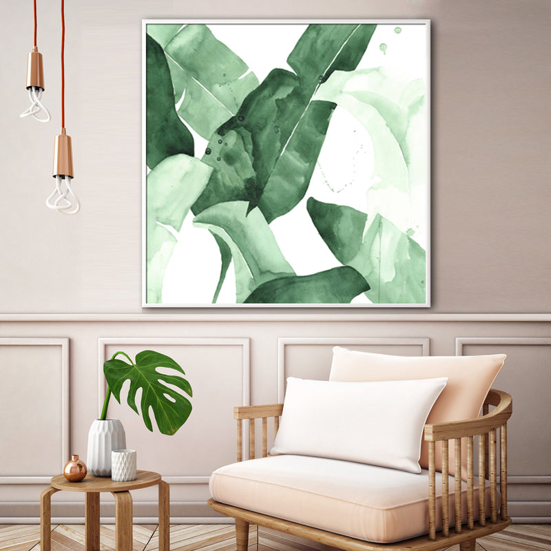 60cmx60cm Tropical Leaves Square Size White Frame Canvas Wall Art
