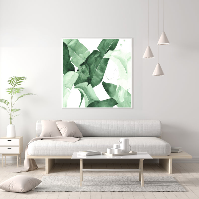 70cmx70cm Tropical Leaves Square Size White Frame Canvas Wall Art